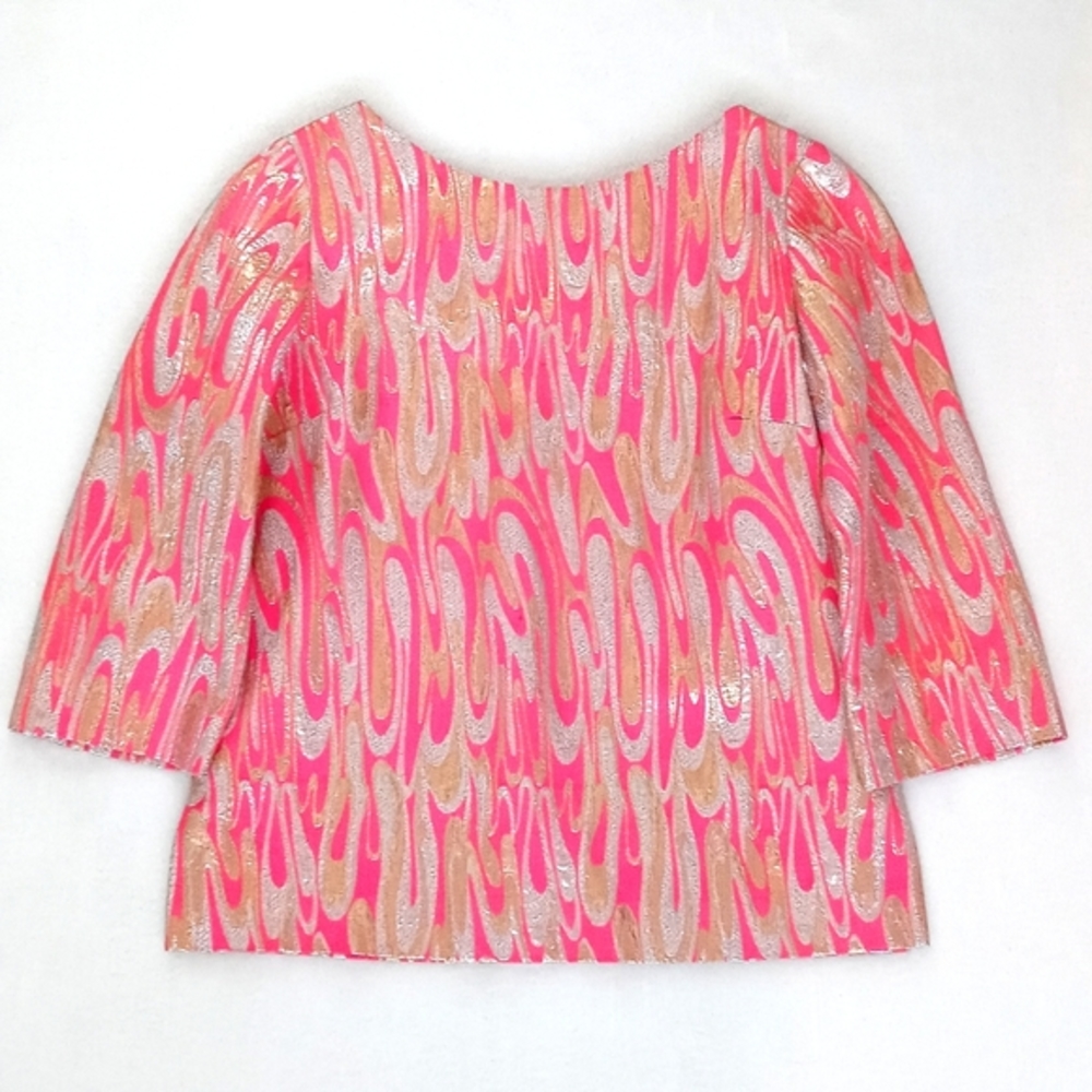 Stunning Vintage 1960's Mod Pink Gold Silver Metallic 3/4 Sleeve Blouse S/M